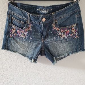 AEO floral embroided raw hem denim shorts
